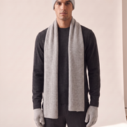 Model wearing The Ravensdale merino scarf, beanie and glove set, front view