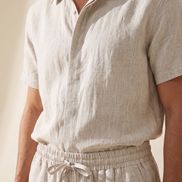 Close-up of the collar and drawstring waistband on The Portland
