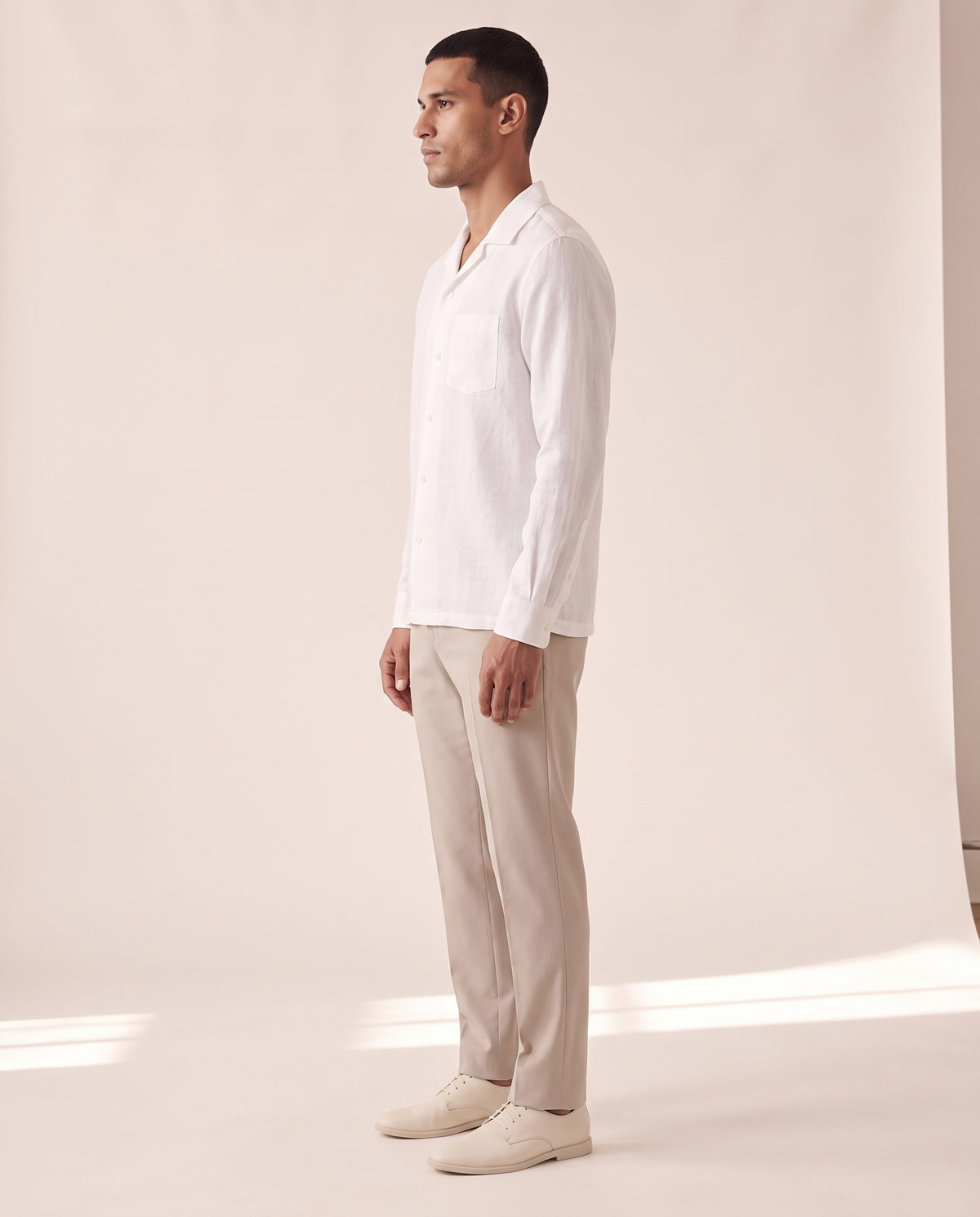 The Wilton camp-collar shirt shown in side profile