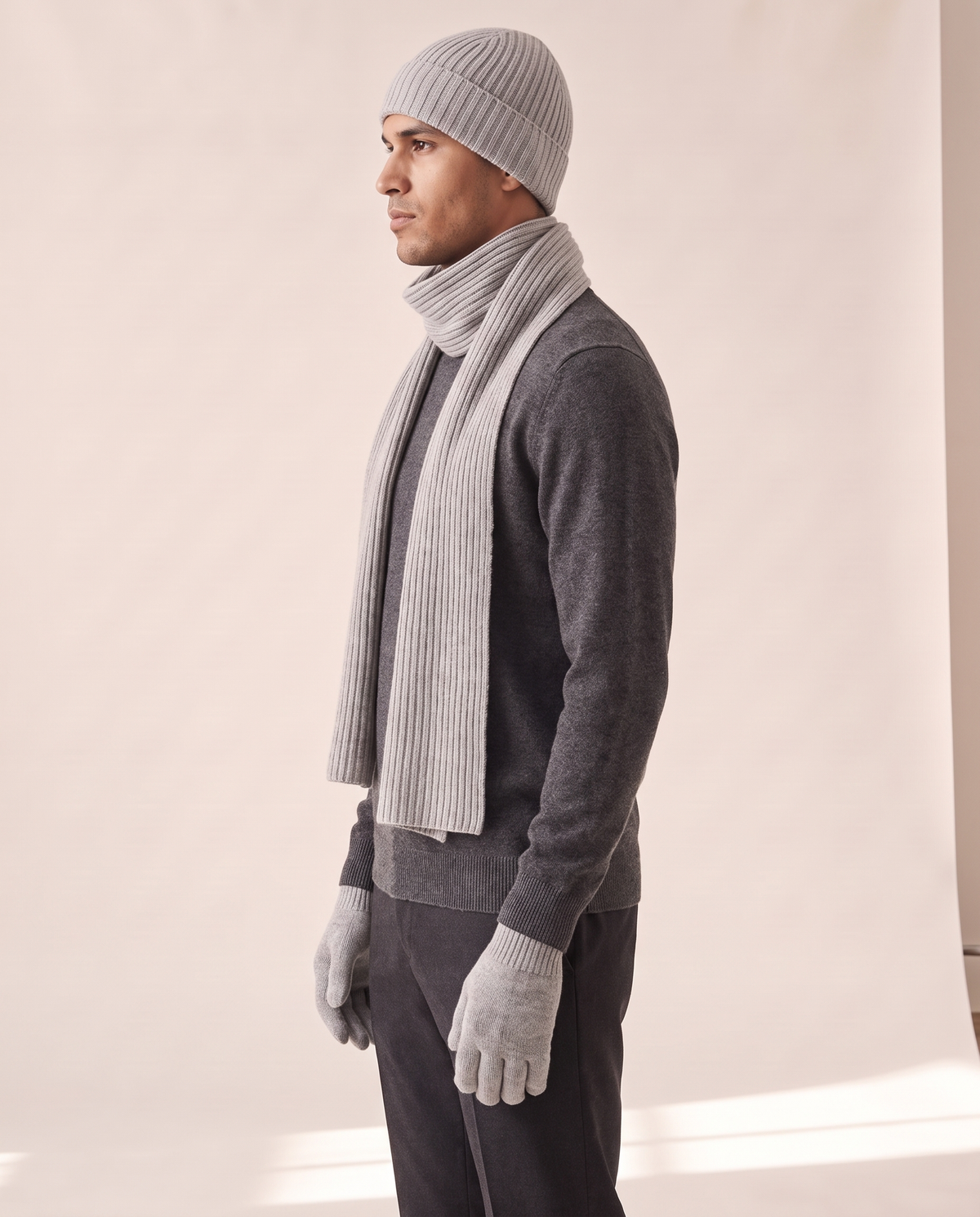 The Ravensdale merino scarf, beanie and glove set shown in side profile