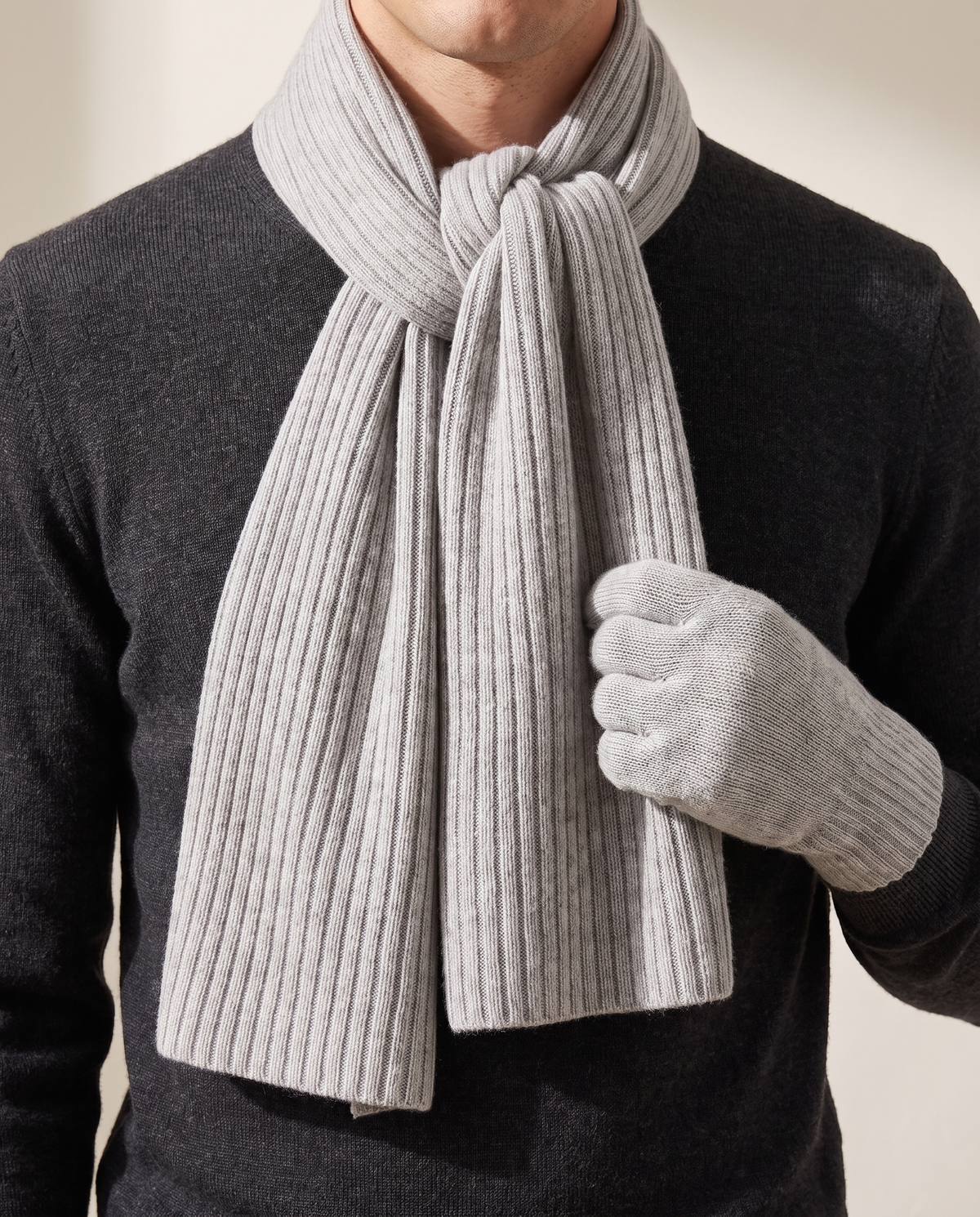 Close-up of the scarf knot and glove on The Ravensdale