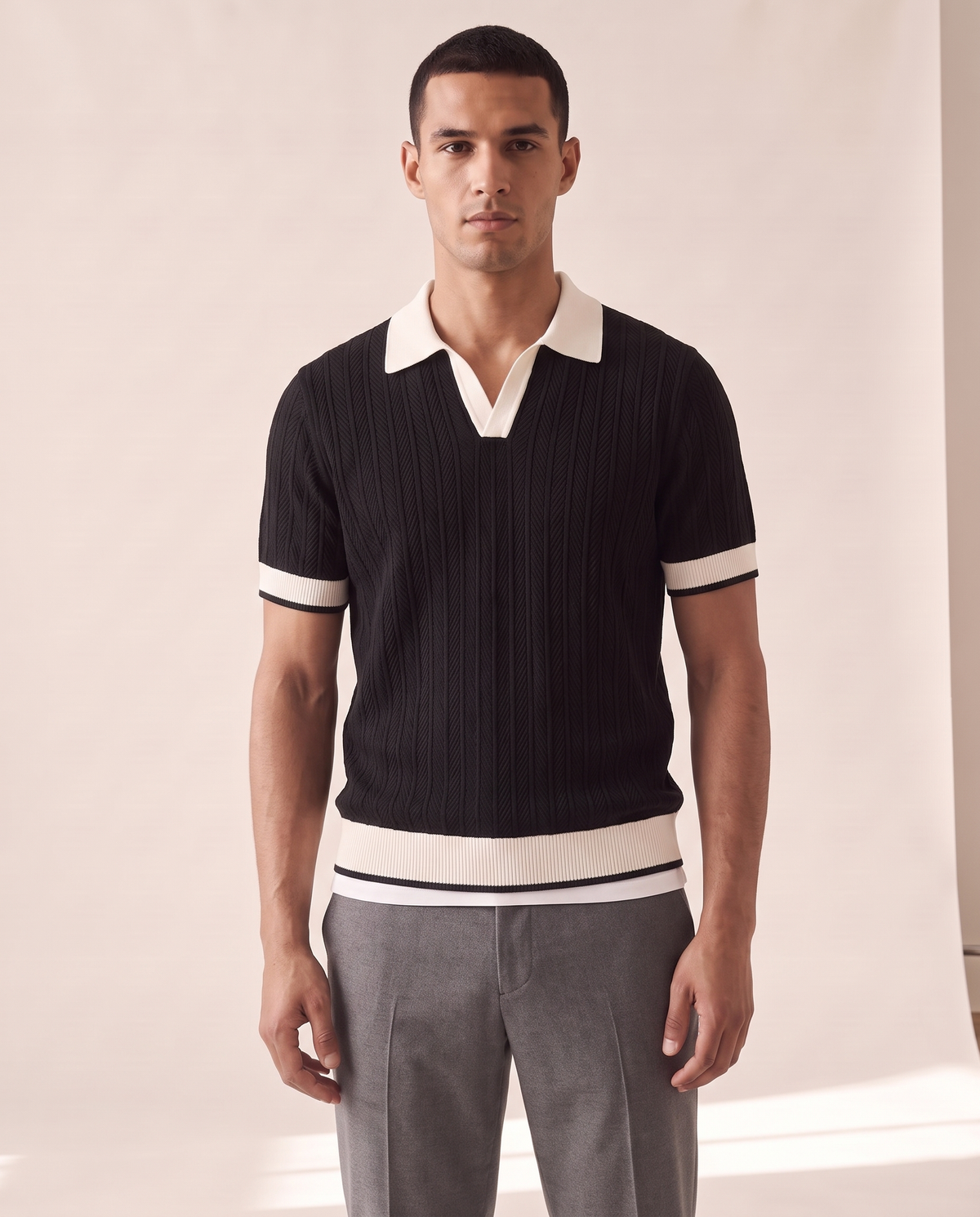 Model wearing The Marlow Textured Knit Polo, front view