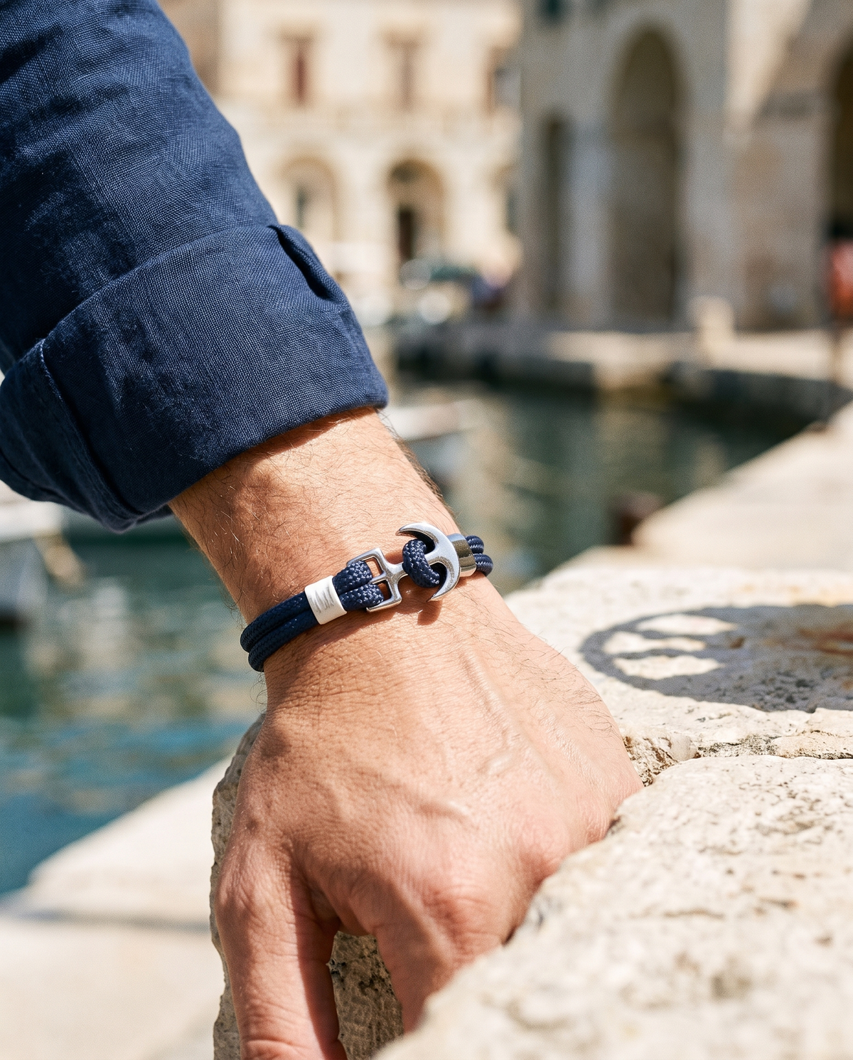 The Hythe Anchor Cord Bracelet worn by the harbour