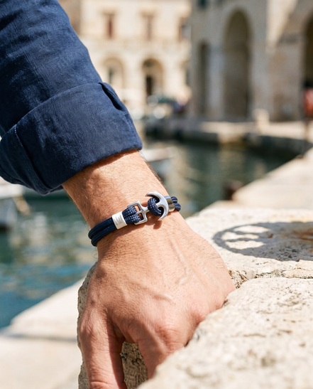 The Hythe Anchor Cord Bracelet worn by the harbour