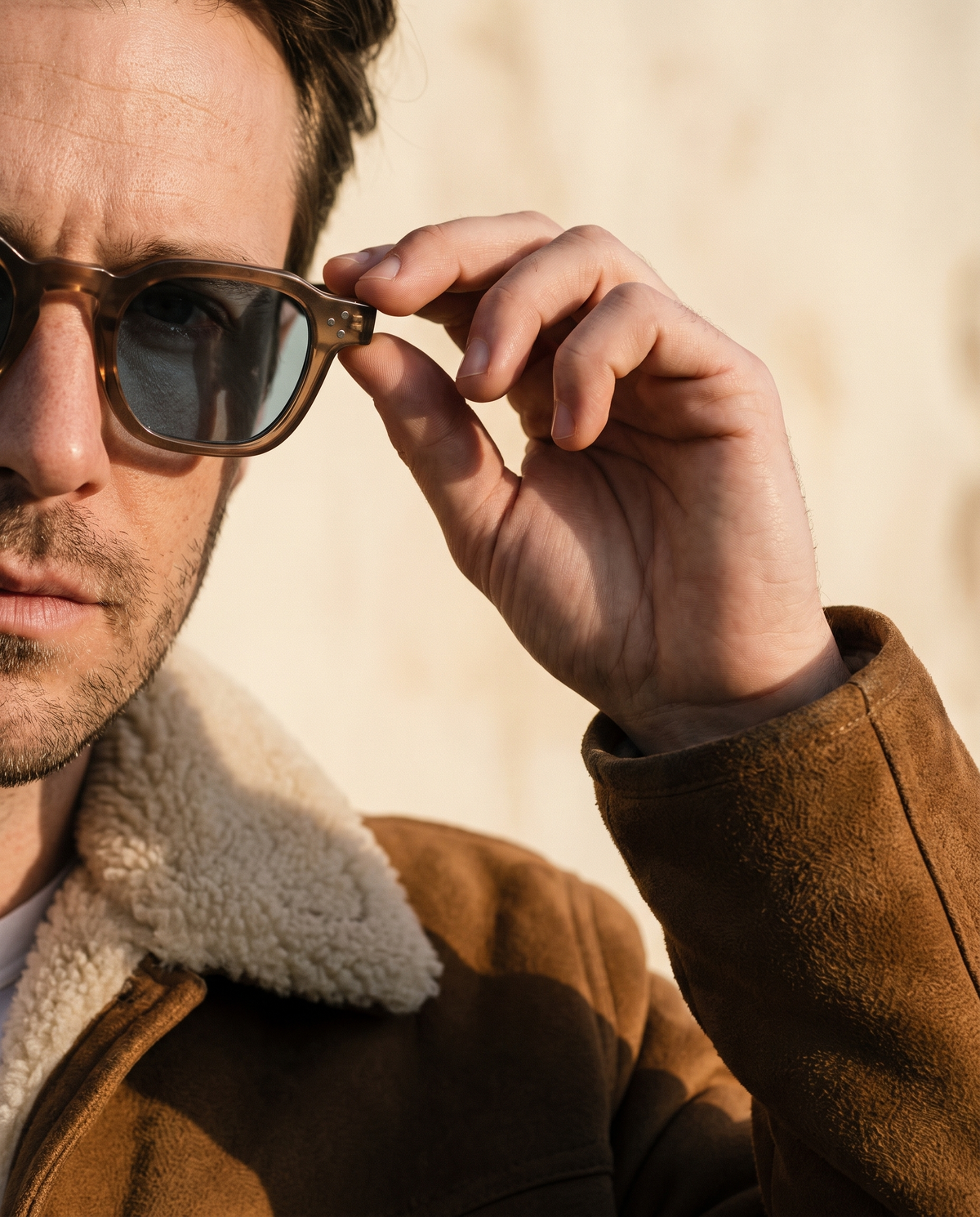 The Kingsley Round Sunglasses, close view on the wearer
