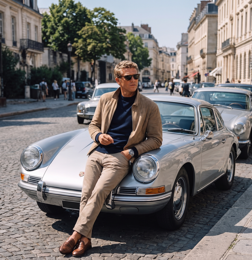 A man in a tan suede blouson and navy crewneck leaning on a silver car on a city street