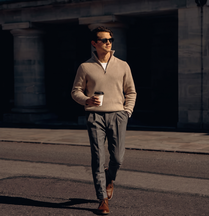 A man walking in a camel half-zip knit and grey pleated trousers in hard morning light