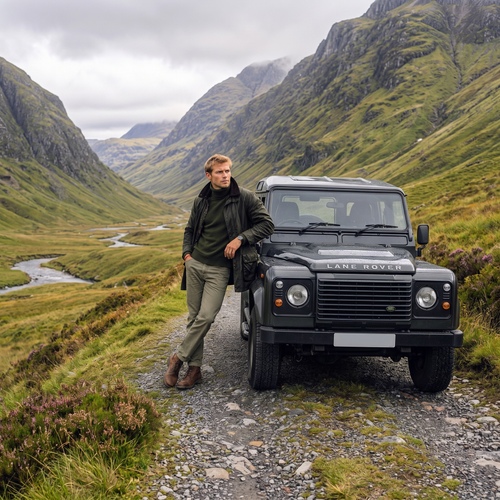 A blond man in a dark waxed jacket and green trousers leans against a black Land Rover on a gravel track in a green mountain glen.