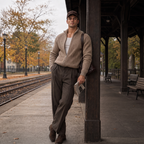 A man in a brown cap and beige zip-neck knit leans against a wooden post on a railway platform, holding a folded newspaper, with autumn trees and train tracks behind him.